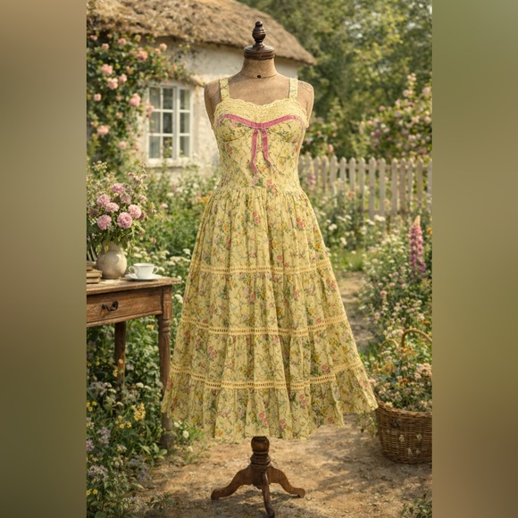 Dresses & Skirts - Kitten D’Amour Cottage Core, Fairy, Yellow Floral, Pink Lace Bow Dress